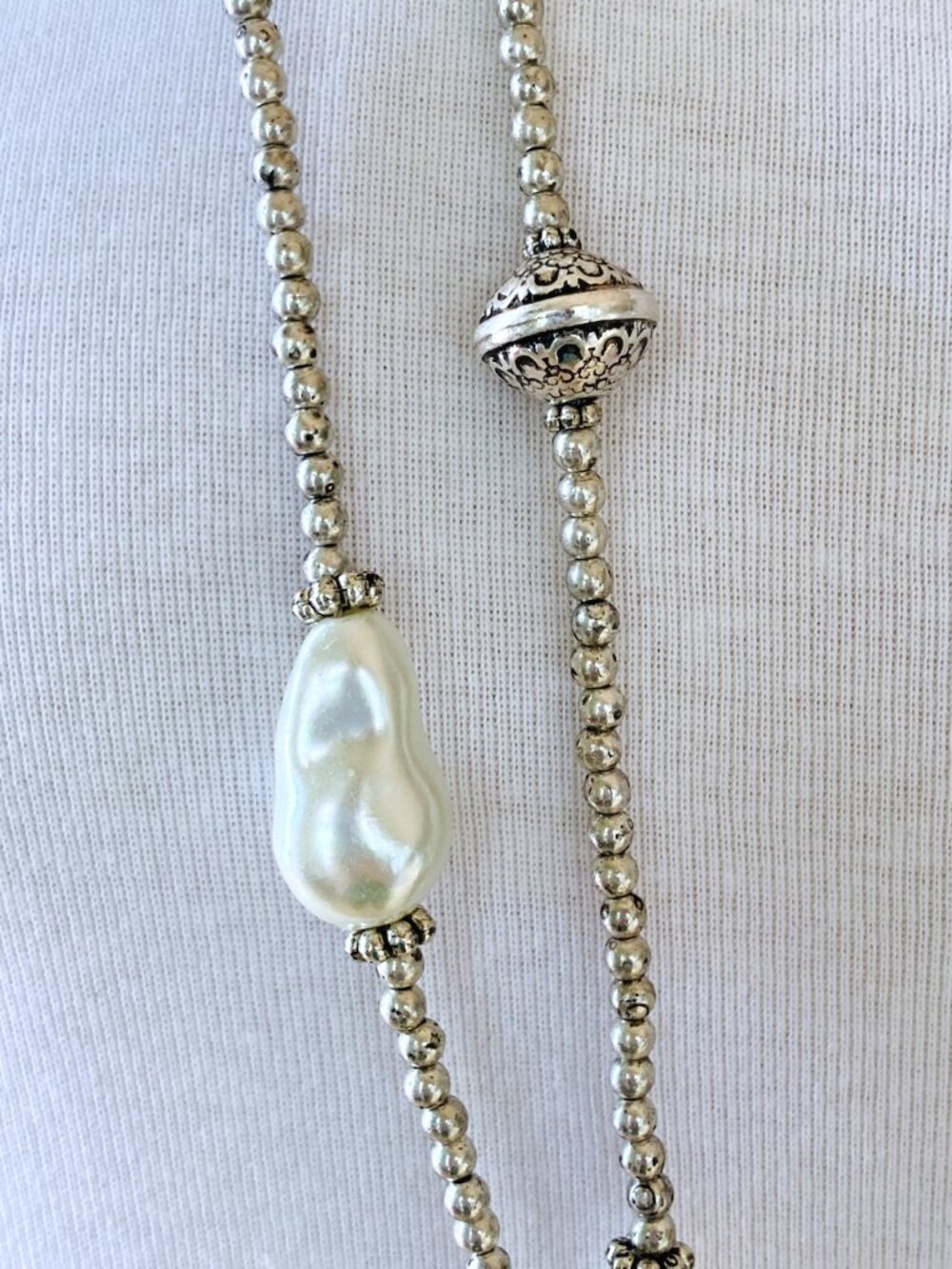NWT Chico's "Pearl" Silvertone Long Necklace 38 to 42" Nickel Free Double Strand - Picture 6 of 9